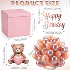 28in Extra Large Birthday Gift Box with Big Bear Foil Balloon and 12in Rose Gold Balloon Set Jumbo Giant Gift Box Decoration Kit with Happy Birthday Stickers - Image 2