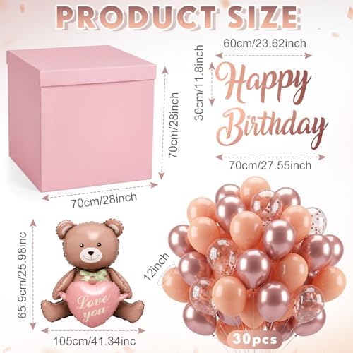 28in Extra Large Birthday Gift Box with Big Bear Foil Balloon and 12in Rose Gold Balloon Set Jumbo Giant Gift Box Decoration Kit with Happy Birthday Stickers - Image 2