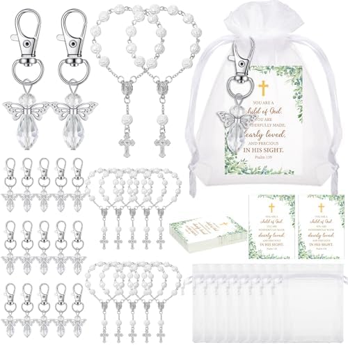 Hicarer 30 Set Baptism Favors Set Includes Angel Keychains Mini Rosary Cross Beads Favors Baptism Organza Bags with Cross Psalm Cards for Baby Shower Christian Party Supplies(White) by Hicarer