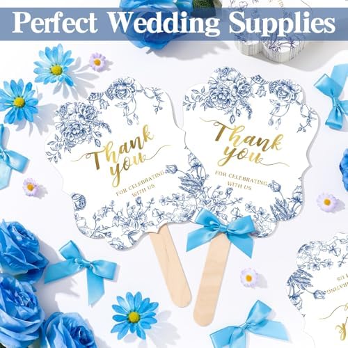 Huwena 50 Sets Wedding Fans for Guests Thank You for Celebrating with Us Fans Hand Fans Handheld Folded Fan Baby Shower Favors for Bridal Bridesmaid Gift Church Dancing (Blue,Floral) - Image 2