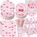 Funnymoom 452 Pcs Cherry and Bow Party Decoration Serves 50, Cherry Birthday Baby Shower Scalloped Paper Plates Napkins Cups Tablecloth Cutlery Straws for Pink Bow Birthday Baby Shower Party Supplies by Funnymoom
