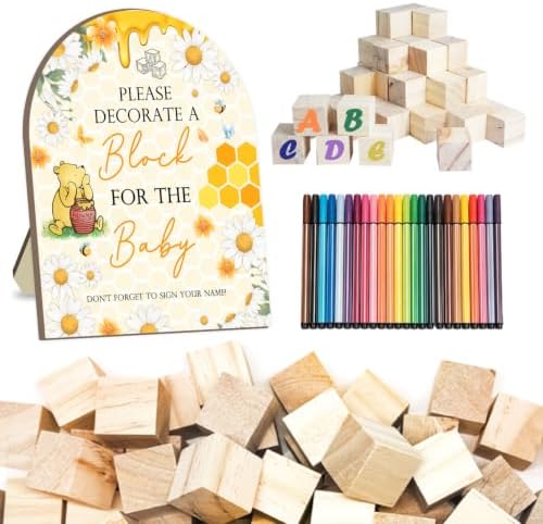 Winnie Baby Shower Blocks Game Set, Winnie Baby Shower Decorations, 24 Acrylic Paint Pens with 50 Blank Wooden Blocks, Fun Party Activity Set for Baby Shower Games, Gender Reveal & Decorations by Kihraw