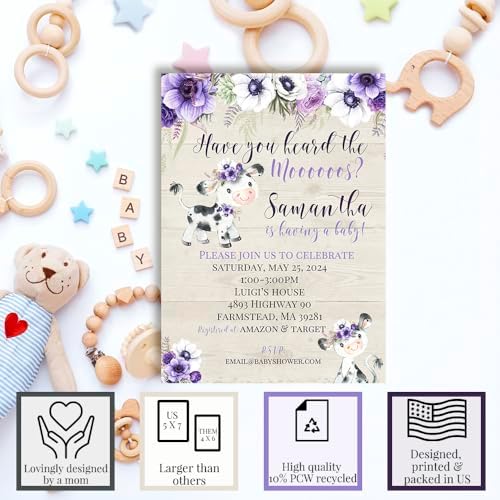 Amanda Creation Custom Baby Shower Invites Purple Cow Baby Shower Invitation 20 5x7 Custom Personalized Watercolor Invites With Envelopes - Image 2