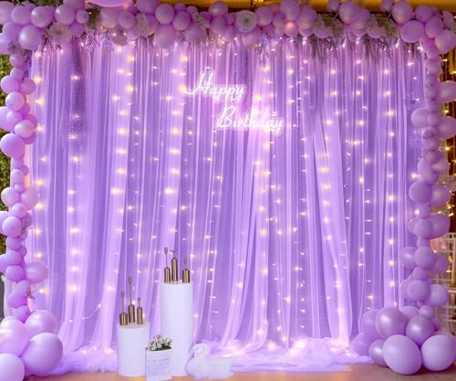 Lavender Tulle Photo Backdrop Curtain with Lights String for Parties Wedding Bridal Shower Sheer Lavender Curtain Backdrop for Birthday Party Baby Shower Photo Booth Photography 20ft x 8ft - Image 4