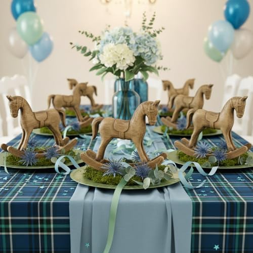 Vicenpal 6 Pack Baby Shower Wooden Vintage Rocking Horse Table Decoration for Blue Green Tartan Plaids Party Centerpiece Rocking Horse Decor for Baby Shower Party Wedding Birthday Decor (Brown) - Image 6