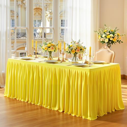 1 Pack Yellow Rectangle Table Clothes for 8 Foot Tables, Polyester Wrinkle Free Fitted Tablecloths 8ft Stretch Table Cover with Skirt for Wedding, Birthday, Parties, Trade Show, Craft Show - Image 3