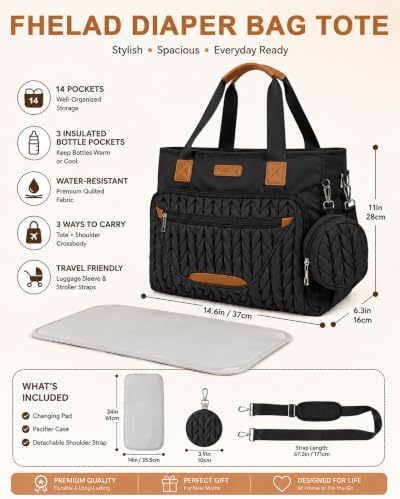 FHELAD Diaper Bag Tote for Women, Baby Diaper Bag Set (Obsidian Black) - Image 2