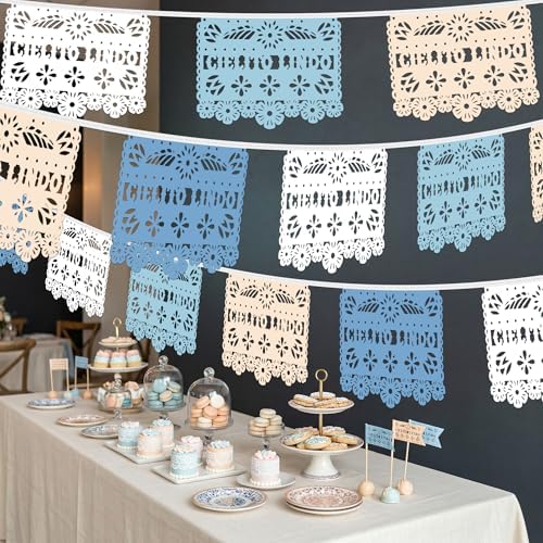TOUROAM 4 Pack Blue Mexican Papel Picado Banner, Fiesta Party Decorations for Birthday, Baby Shower, Cinco De Mayo, Día De Los Muertos, Day of the Dead - Image 6