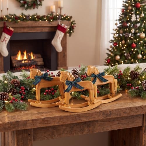 Fuutreo 3 Pack Wooden Rocking Horse Decor with 5 Yards Tartan Plaid Ribbon - Image 6