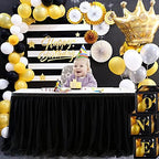 108in Black Tulle Table Skirts for Rectangle Tables 4/6/8ft, 2-Layer Gold Grim Ruffle Tulle Tutu Cloth Table Skirt 9ft Long Decor Birthday Party Wedding Graduation Cake Dessert(No Table Cover) - Image 4