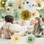 Sage Green Tissue Paper Party Decor Set, Paper Fans Pom Poms Lanterns Dot Garland for Baby Shower - Image 3