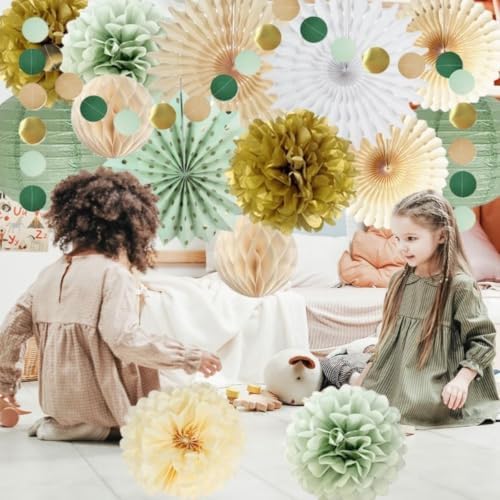 Sage Green Tissue Paper Party Decor Set, Paper Fans Pom Poms Lanterns Dot Garland for Baby Shower - Image 3
