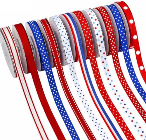 11 Rolls 5 Yards Ribbons 3/8 inch Wide Patriotic Ribbon Red White Blue Grosgrain Ribbon by AYGCI