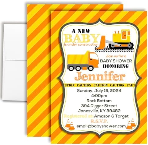 Amanda Creation Construction Baby Shower Invitations, 20 Personalized 5x7 Under Construction Baby Shower Invites with Envelopes, Custom Printed Cards by AmandaCreation