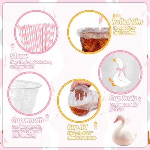 Whaline 50 Pcs One Silly Goose Disposable Plastic Cups with Lids and Straws 12 Oz Cute Pink Bow Goose Cold Beverage Drinking Cups for First Birthday Baby Shower Party Supplies - Image 3