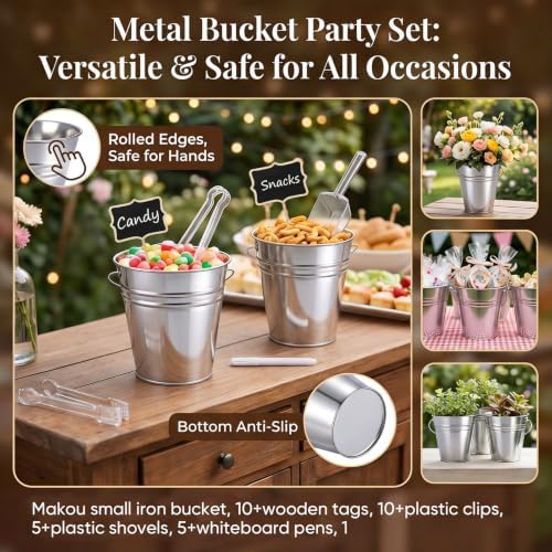 10 Pcs Galvanized Metal Buckets with Handle Include 5" Mini Candy Tin Bucket Plastic Scoops Serving Tongs Chalkboard Picks Markers Candy Bar Containers Birthday Party Wedding Buffet Supplies - Image 3