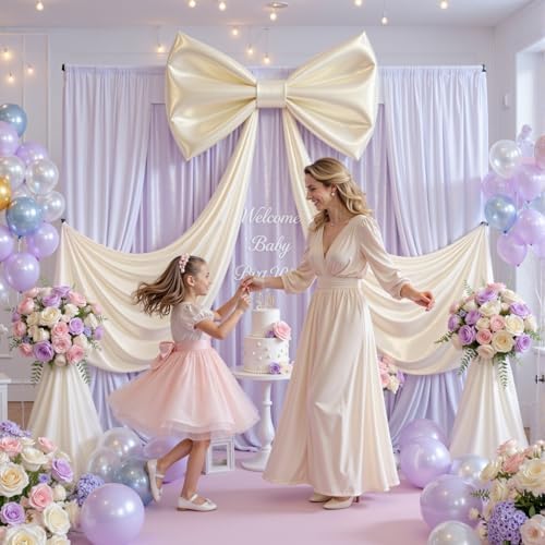 Giant Bow for Backdrop Big Beige Bow 48x24x120 Inch Large Satin Ribbon Bow Wall Decor for Wedding Birthday Baby Shower Party Photo Booth, Washable Reusable Fabric Bow for Nursery Bedroom Door Hanging - Image 2