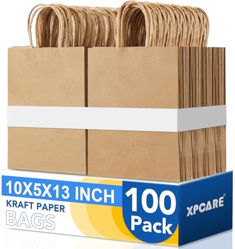 XPCARE Large Brown Paper Bags, 100 Pcs 10x5x13 Paper Gift Bags with Handles by XPCARE