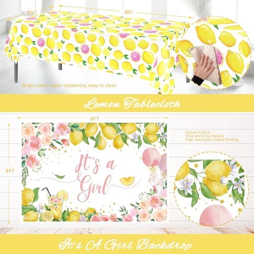Costova Lemon Baby Shower Decorations, Its a Girl Baby Shower Party Decorations, Lemon Themed Backdrop Balloon Boxes Tablecloth Cake Topper Sash for Yellow Pink Lemon Party Supplies - Image 5