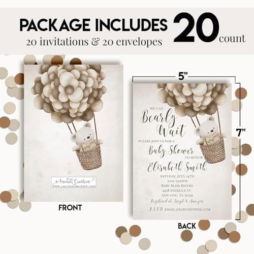 Amanda Creation Teddy Bear Baby Shower Invitations, 20 Personalized 5x7 Custom Baby Shower Invitations with Envelopes, Tan Bear Balloon Design - Image 4