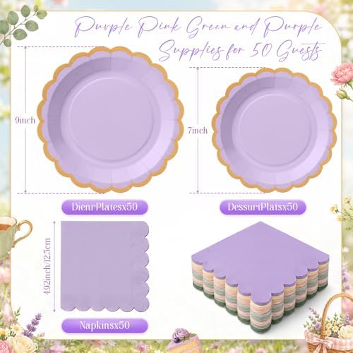 Zhehao 150 Pcs Pink Green Purple Paper Plates Napkins Serves 50 - Image 3