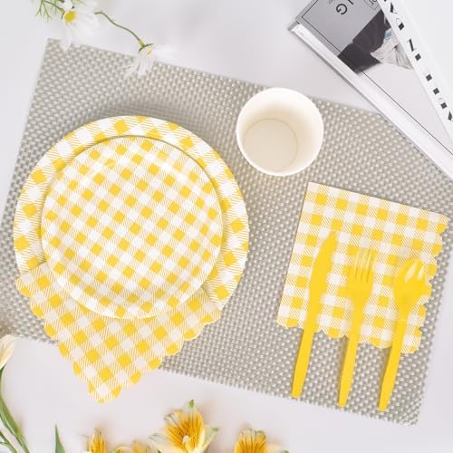 Vyntra 350-Pc Yellow Gingham Paper Plates and Napkins Party Supplies - Image 4