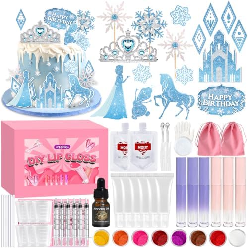 Anime Princess Cake Toppers, Snow Theme Princess Cake Decorations&Lip Gloss Kit for Kids, Fun DIY Lip Gloss Making Kit Birthday Gifts for Girls Kids Teens Baby Shower Children's Party by GZDUCK