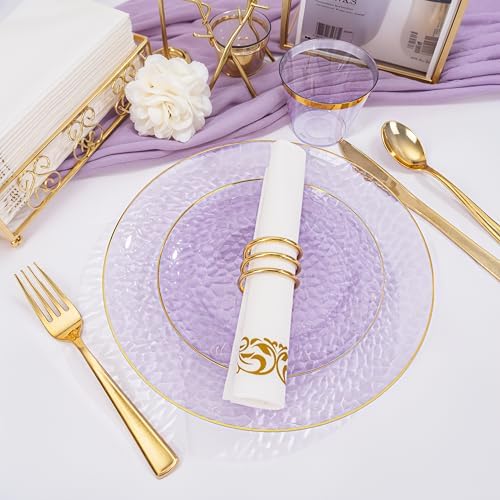 Rubtlamp 175 Pcs Purple Plastic Dinnerware Set (25 Guests), Clear Purple Plates With Gold Rim, Hammered Party Platos, Plates And Cups And Napkins Sets for Wedding, Party&Graduation - Image 5