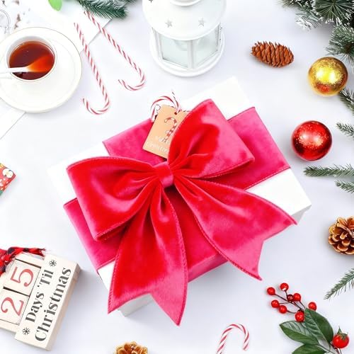 Meseey 4 Inch Wide Hot Pink Velvet Wired Ribbon, 10 Yards Velvet Ribbon with Wire Edge for Christmas Tree, Wreaths, Gift Wrapping, Bows, Crafts and Holiday Decorations - Image 2
