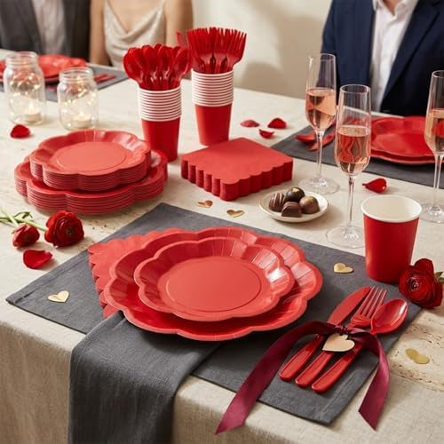 Vyntra Red Paper Plates, Cups & Napkins, 350 Pcs Scalloped Party Set - Image 5