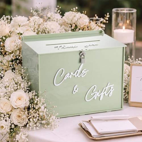 BreezeHug 14" Sage Green Acrylic Wedding Card Box with Lock & 3D Letters by Unknown