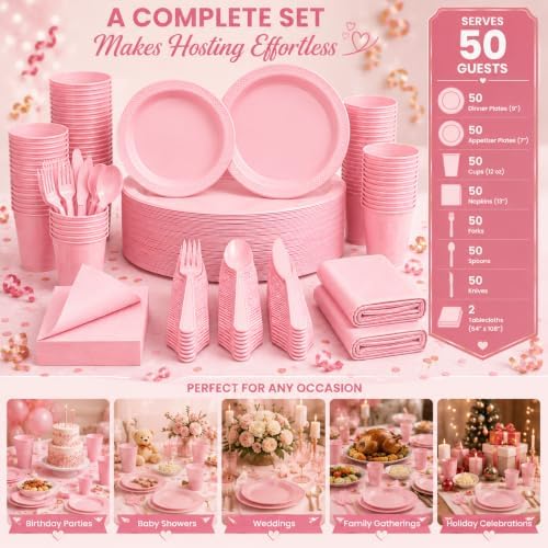 Tinybee 352 Pcs Pink Plastic Plates, Disposable Dinnerware Set for 50 - Image 4