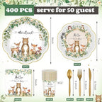 Funnymoom 400 Pcs Woodland Baby Shower Party Supplies for 50 Forest Animals Mountain Wilderness Plates Napkins Cups Spoons Forks Knives for Neutral Forest Animal Baby Shower(Green and Gold, Woodland) - Image 2