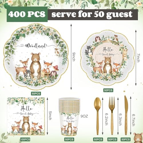 Funnymoom 400 Pcs Woodland Baby Shower Party Supplies for 50 Forest Animals Mountain Wilderness Plates Napkins Cups Spoons Forks Knives for Neutral Forest Animal Baby Shower(Green and Gold, Woodland) - Image 2