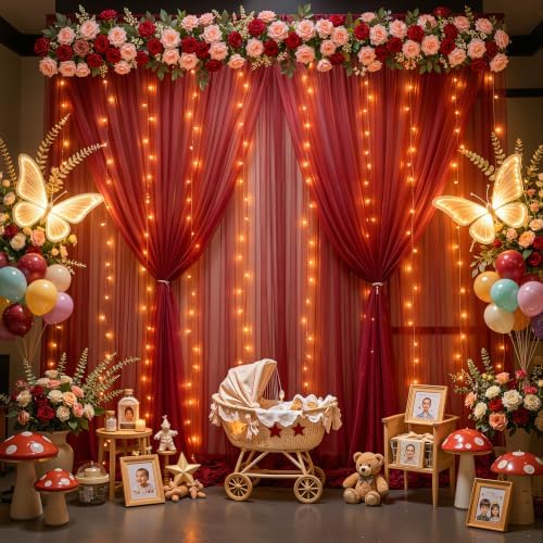 20×10ft Burgundy Tulle Backdrop Curtain with Lights String for Parties, Sheer Photo Backdrop Curtains for Wedding Party Photography Background - Image 3
