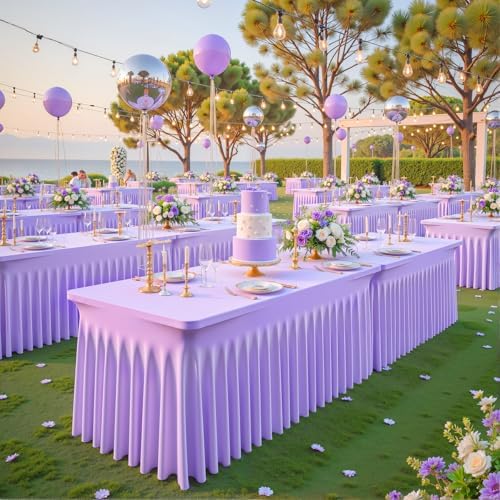 4 Pack Lavender Spandex Tablecloths for Rectangle Tables Light Purple Stretch Table Cloth Rectangle 8ft Lilac Elastic Fitted Table Cover with Skirt for Wedding Birthday Party Banquet Baby Shower - Image 5