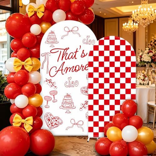 FYSUIMU 2 Pcs That's Amore Arch Backdrop Covers Red Plaid Pizza Pasta Stretchy Spandex Arch Stand Fabric Cover for Italian Party Wedding Bridal Shower Bachelorette Engagement Decorations (5ft/6ft) - Image 5