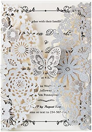 Hosmsua 5.12 x 7.3 50PCS Personalized Silver Laser Cut Butterfly Quinceanera Invitation Cards Hollow Lace Flora Butterfly Invitations for Quinceañera Wedding invitations (Silver Glitter) by Hosmsua