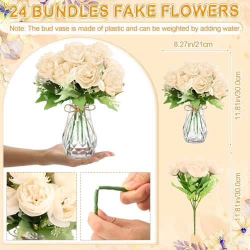Zeyune 37 Pcs Silk Peonies with Vases Fake Flowers,Champagne,Round Head - Image 2