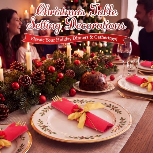 30 Set Christmas Red Pre Rolled Napkins with Rose, Gold Cutlery - Image 5