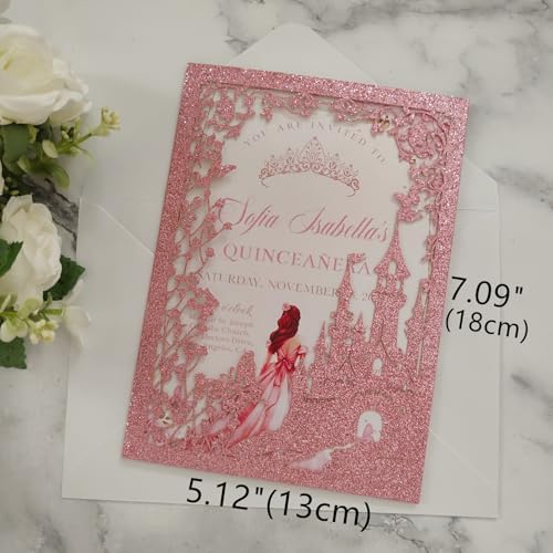20PCS Castle Pocket Invitations, Quinceanera Invitations with Envelopes, Princess Invitation, Laser Cut quince invites (glitter pink) - Image 2