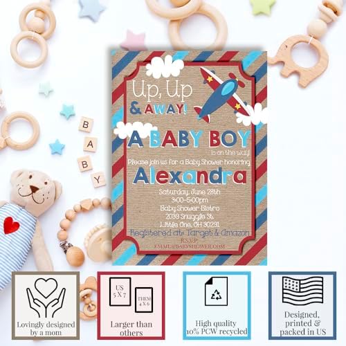 Amanda Creation Custom Baby Shower Invites Up Up and Away Baby Shower Invitation 20 5x7 Custom Personalized Baby Boy Airplane Invites With Envelopes - Image 2