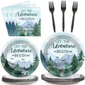 ZOIIWA 200 PCS Adventure Awaits Tableware Disposable Let The Adventure Begin Party Supplies Dinnerware Set Baby Shower Plates Napkins Birthday Party Decoration Serve 50 guest by ZOIIWA