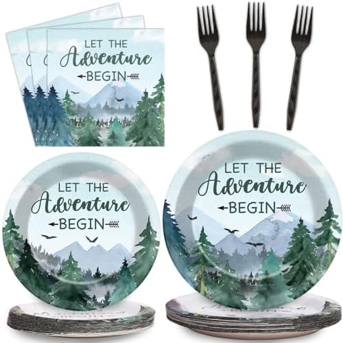 ZOIIWA 200 PCS Adventure Awaits Tableware Disposable Let The Adventure Begin Party Supplies Dinnerware Set Baby Shower Plates Napkins Birthday Party Decoration Serve 50 guest by ZOIIWA
