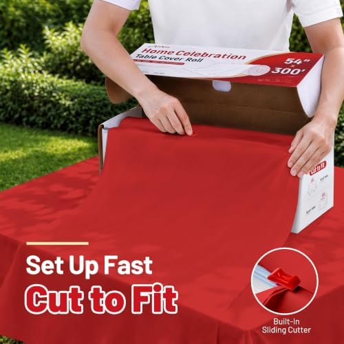 Rectangle Tablecloth, 300 Ft X 54 In Everyday Plastic Table Cloth PEVA, Red - Image 3