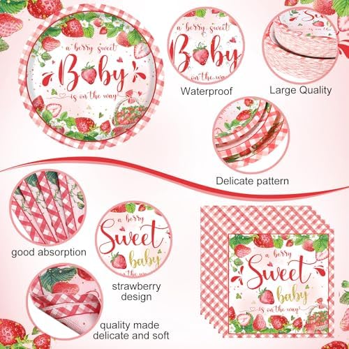 Funnymoom 452 Pcs Strawberry Baby Shower Decorations Party Supplies Strawberry Paper Plates Napkins Cups Tablecloth Cutlery Straws Tableware for a Berry Sweet Baby Is on the Way Decorations - Image 2