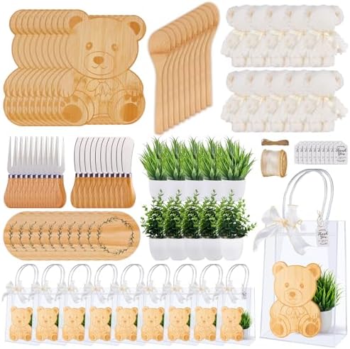 90Pcs Baby Shower Prizes for Game Winners Bamboo Cheese Board Fork Butter Spreaders Coasters Towel Artificial Potted Plant Gift Bag for Baby Shower Bridal Shower Favors (10 Sets, Bamboo Bear Shaped) by WishFond