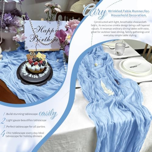 Light Blue Boho Cheesecloth Table Runner 12 Pack 17x108 Inch Sheer Gauze - Image 7