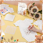 Panitay 126 Pcs Baby Shower DIY Bodysuit Set Bib 25 Blank White Newborn Bodysuit 25 Stencils 24 Marker 1 Sign 50 Pins(Bear) - Image 5