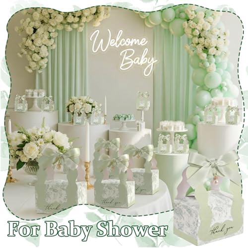 ForraFun 100 Sets Floral Wedding Favor Boxes with Pearl Pendant Bow, Green - Image 4